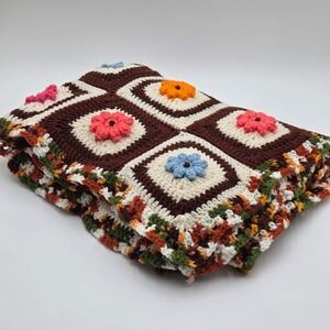 Vtg Handmade 3D Flower Granny Square Blanket Throw 49.5 x 30 Crochet Cottagecore